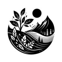 Black and White Nature Icon Circular Composition with Foliage, Mountains, Sun, and Forest Elements. vector