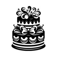 Elegant twotiered black and white cake design, adorned with swirls, bows, and decorative elements, a stylized dessert illustration. vector