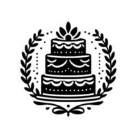 Elegant Black and White Illustration of a Tiered Cake within a Laurel Wreath, Celebrating Joy and Festivities. vector