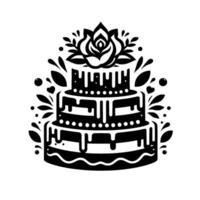 Elegant ThreeTiered Cake Illustration Adorned with a Rose, Drips, Ornate Details, and Black and White Color Scheme. vector