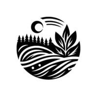 Black and white circular minimalist illustration of a landscape with trees, fields, sun, leaves and hills. vector