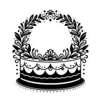 Elegant Black and White Illustration of a Layered Cake Adorned with a Floral Wreath, Dots, and Decorative Details. vector