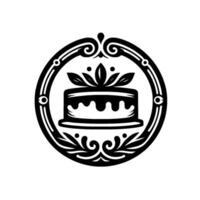 Elegant monochrome cake encircled by ornate symmetrical frame, featuring a twotiered dessert topped with leaves, suitable for bakery logos. vector