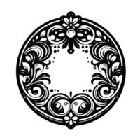 Intricate, symmetrical black and white floral wreath design, a circular frame with ornate leaves, flowers, and swirling patterns, isolated on white. vector