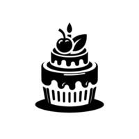 A TwoTiered Black and White Birthday Cake Decorated with a Cherry, Leaf, and Lit Candle on a White Background. vector