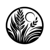 Minimalist Black and White Circular Emblem Featuring Wheat and Grass Stalks with Crescent Moon, Suggesting Natures Bounty and Harvest. vector