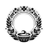 Monochrome Floral Wreath with Cupcake, Embellished with Leaves, Berries, and Dotted Circle Frame. vector