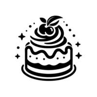 Black and white minimalist cake illustration with cherries, stars and dots creating a sweet, whimsical design, ideal for branding. vector