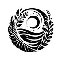 Black and White Celestial Scene Crescent Moon, Waves, and Botanical Elements within Circular Frame. vector