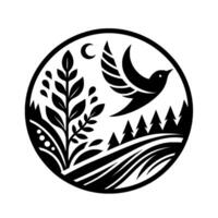 A stylized black and white nature scene within a circle, featuring a bird in flight, a crescent moon, trees, foliage, and hills. vector