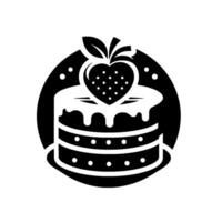 Monochrome illustration of a layered cake with icing and a heartshaped strawberry on top, set against a circular background. vector