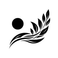 Minimalist black and white featuring a stylized botanical composition of leaves and a circle, creating an elegant and balanced graphic. vector