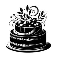 TwoTiered Cake Silhouette with Floral and Berry Decorations, Abstract in Black and White on White Background vector
