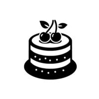 Minimalist Black and White Cake Illustration with Cherries and Decorative White Dots on a Round Plate, Isolated. vector