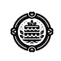 Elegant Black White Emblem Layered Cake with Leaves, Cherries in a Decorative Circular Frame vector