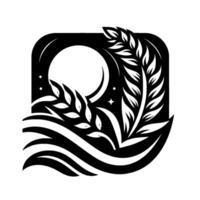 Black and white emblem of wheat stalks, crescent moon, stars, and stylized waves in a square frame, evoking a sense of nature and serenity. vector