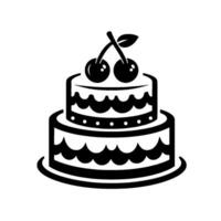 A simplistic, black and white, twotiered cake design, adorned with cherries, and decorative scalloped edges, set on a round plate. vector
