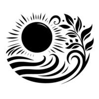 Elegant Black and White Decorative Illustration Sun with Rays above Waves, and Leafy Vine with Swirls, Artistic Design. vector
