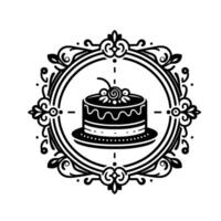 Elegant Black and White Illustration of a Decorated Cake within an Ornate Circular Frame, Perfect for Baking or Celebration Design. vector