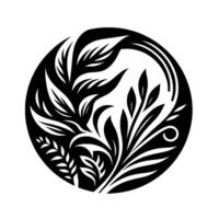Circular botanical illustration in bold black and white, stylized leaves and branches forming a symmetrical design. vector
