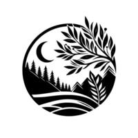 Black and White Circular Nature Scene Crescent Moon, Pine Trees, Mountains, Branch, and Leafy Design. vector