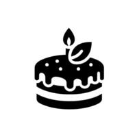 Black and white minimalist birthday cake with a lit candle, leaf and drip on white background. vector