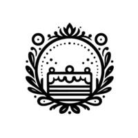 Elegant Minimalist Black and White Cake Emblem with Floral Wreath and Decorative Elements on White Backdrop. vector
