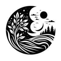 YinYang circular nature illustration, combining a starry night with a tree, crescent moons, stylized clouds, and a forest silhouette. vector