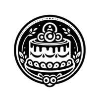 Intricate black and white circular emblem, featuring a layered cake adorned with decorative elements, encircled by dotted border and floral accents. vector