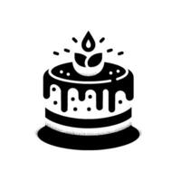 Minimalist black and white of a layered cake with drippy frosting, topped with a stylized candlelike floral decoration. vector