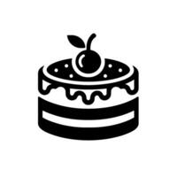 Black and white minimalist illustration of a twolayered round cake with wavy icing and a cherry on top, perfect for dessert or celebration. vector