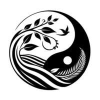 Harmonious YinYang Symbol Blending Natures Elements Tree, Bird, Water, and Leaf Forms, Depicted in Striking Black and White Contrast. vector