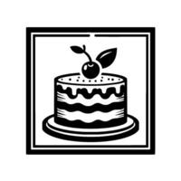 Elegant Black and White Illustration A Layered Cake with a Cherry on Top, Within a Framed Composition. vector