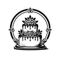 Twotiered cake emblem with floral and leaf details, encased in an ornate, circular frame, rendered in bold black and white. vector