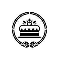 Monochromatic cake illustration within an ornate circular emblem, featuring a decorative border, leaves, and a stylized dessert. vector