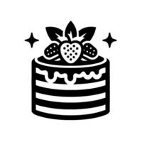 blackandwhite illustration of a layered cake adorned with strawberries, leaves, and star embellishments, isolated on a white background. vector