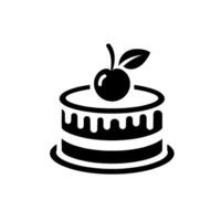 Simple black and white illustration of a layered cake topped with a cherry and leaf. Dessert icon. vector
