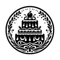 Intricate Black and White Circular Featuring a TwoTiered Cake Adorned with Cherries and Floral Elements Within a Decorative Laurel Wreath. vector