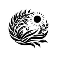 Black and white circular emblem featuring a sun, leaves, and wavy elements suggesting a harmonious balance of nature, light, and life. vector
