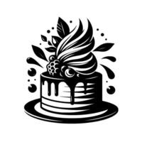 Monochromatic stylized cake with chocolate drip, berries, leaves, and swirl icing, resting on a plate, in stark black and white. vector