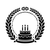 Elegant black and white illustration of a tiered birthday cake adorned with three candles, surrounded by a laurel wreath and dotted circle. vector