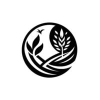 Black and White Nature Logo Organic Farm Scene Inside Circular Frame, Featuring Plants, Fields, and a Bird. vector