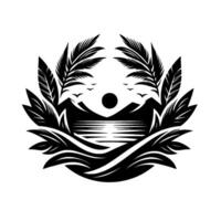 Monochromatic scenic emblem featuring a tranquil lake scene with mountains, birds, and lush palm and feather embellishments. vector