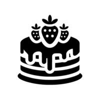A minimalistic black and white illustration of a layered cake, adorned with dripping chocolate glaze and three strawberry toppings. vector