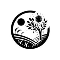 A minimalist, stylized black and white circular landscape illustration, featuring a tree with a sunflower, fields, sun, and wheat, symbolizing nature and agriculture. vector