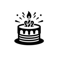 Simple Black and White Illustration of a Layered Birthday Cake with a Lit Candle and Bursting Sparkles, Isolated on White vector