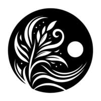 Yin Yang with Floral Elements, Moon, and Dots. Stylized Black and White, Decorative Composition. vector