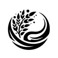 Circular Grain Emblem Black Wheat Stalks with Leaves and Dots Enclosed within a Symbolic Swirl. vector