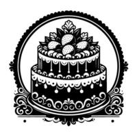 Elegant Black and White TwoTiered Cake Decorated with Strawberries, Encased in Ornate Circular Frame vector
