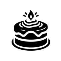 A monochrome, illustration of a twolayered birthday cake with lit candle and decorative frosting on a white background. vector